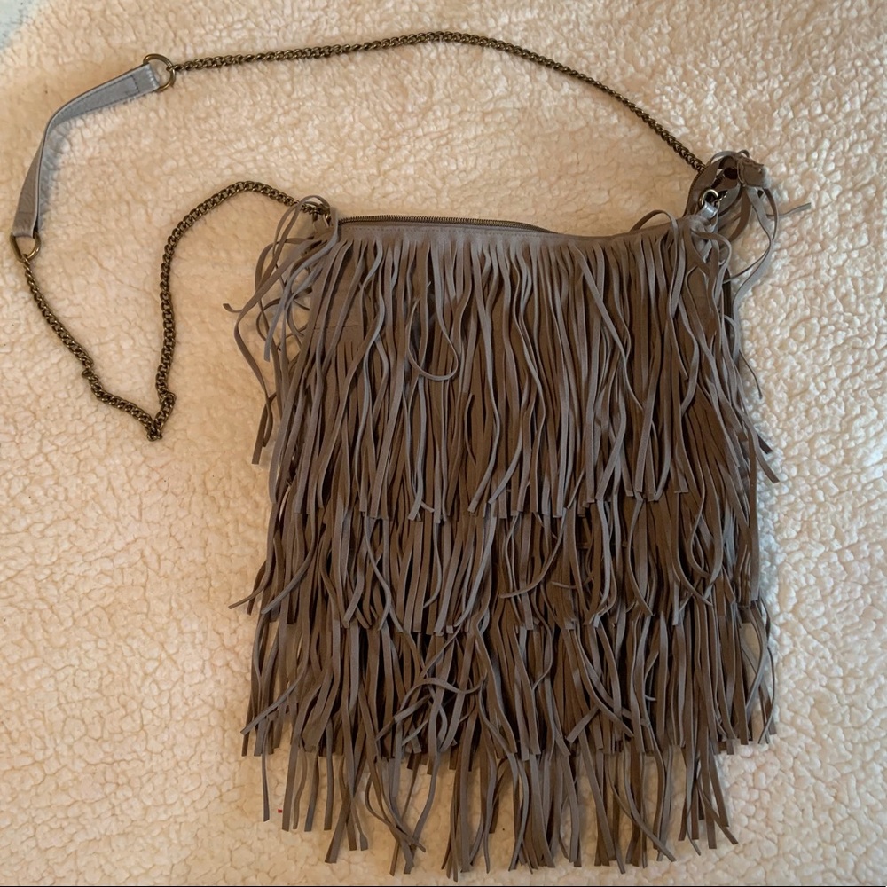 Sonoma gray fringe shoulder bag, zip top, long brass chain strap, 8x11 inches